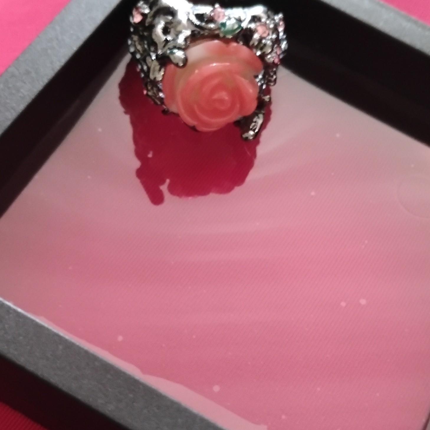 Silver Tone Pink Rose Flower Cocktail Ring Size 7 Pink Rhinestones