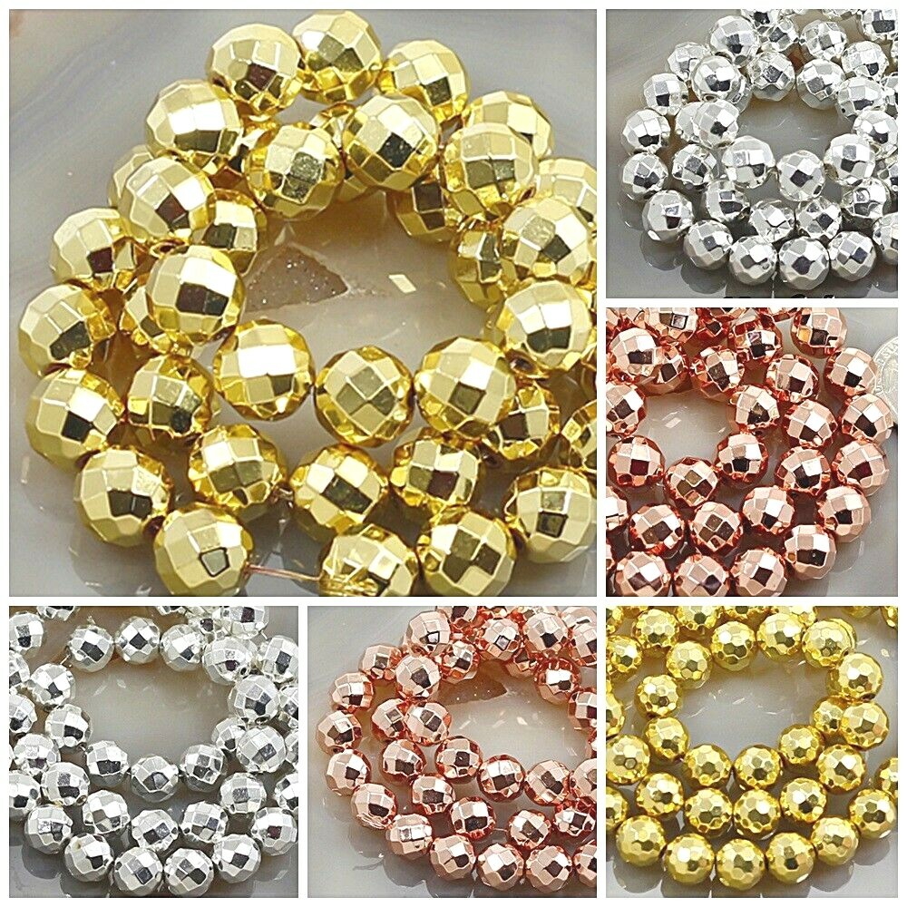Natural Hematite Faceted Round Bead 15″ Shiny Silver Rose Gold 3mm 4 6 8 10 12mm