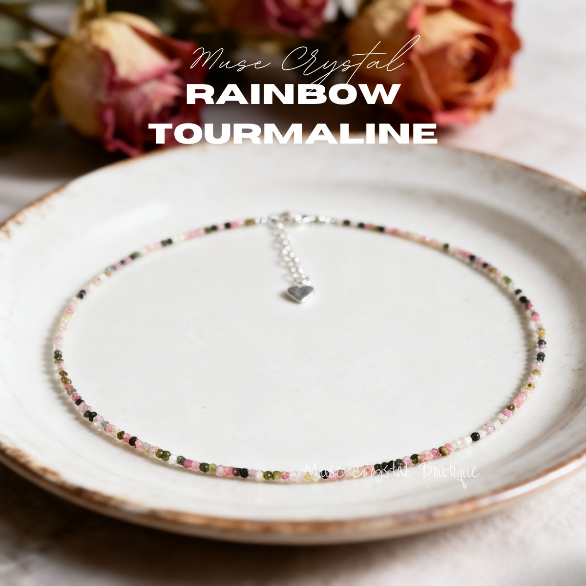 Rainbow Tourmaline 2mm Beaded Choker Minimalist Healing Boho Women Necklace Gift