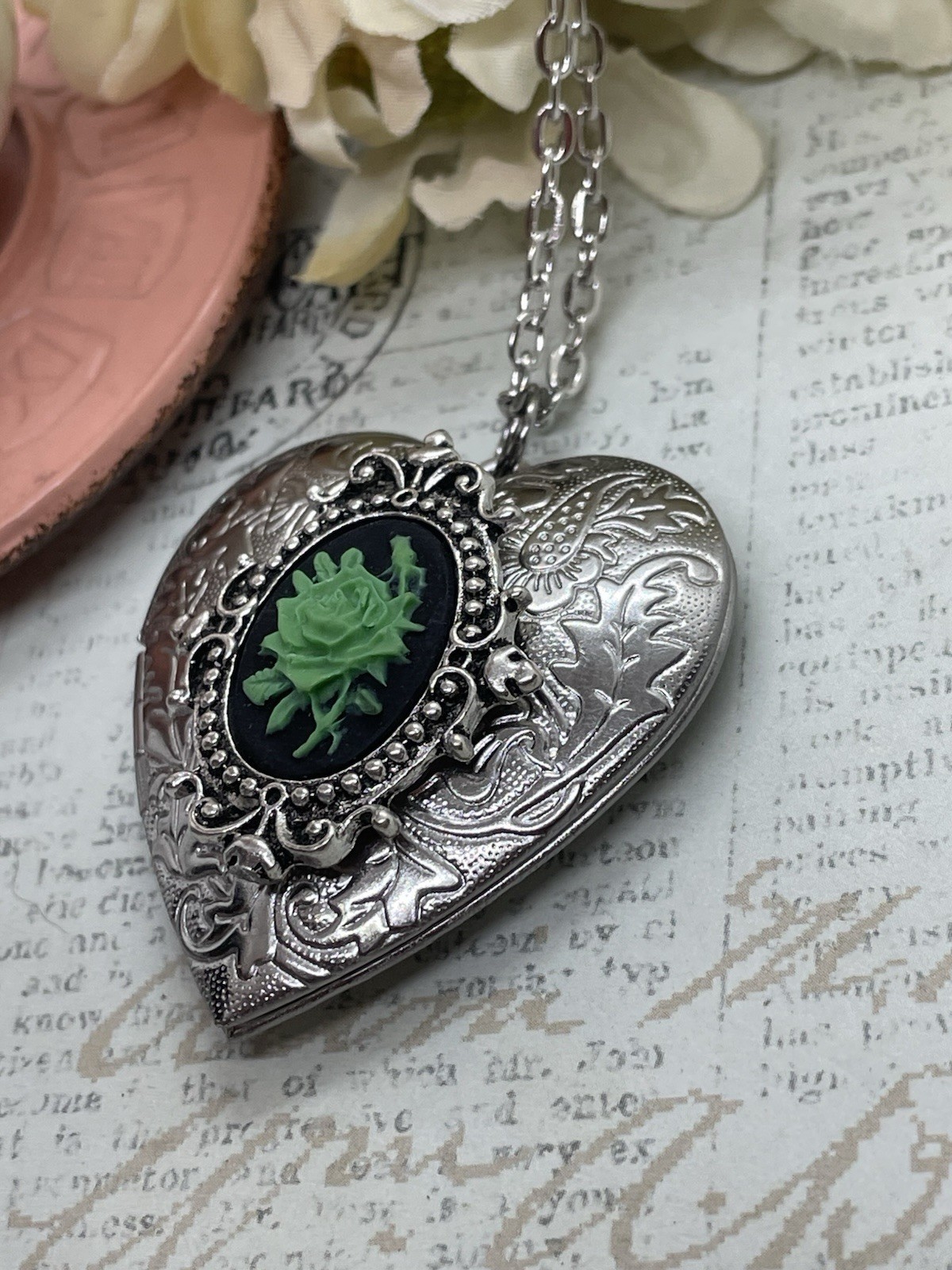 Heart Silver Locket Green Rose Gothic Black Necklace Photo Bride bridal wedding