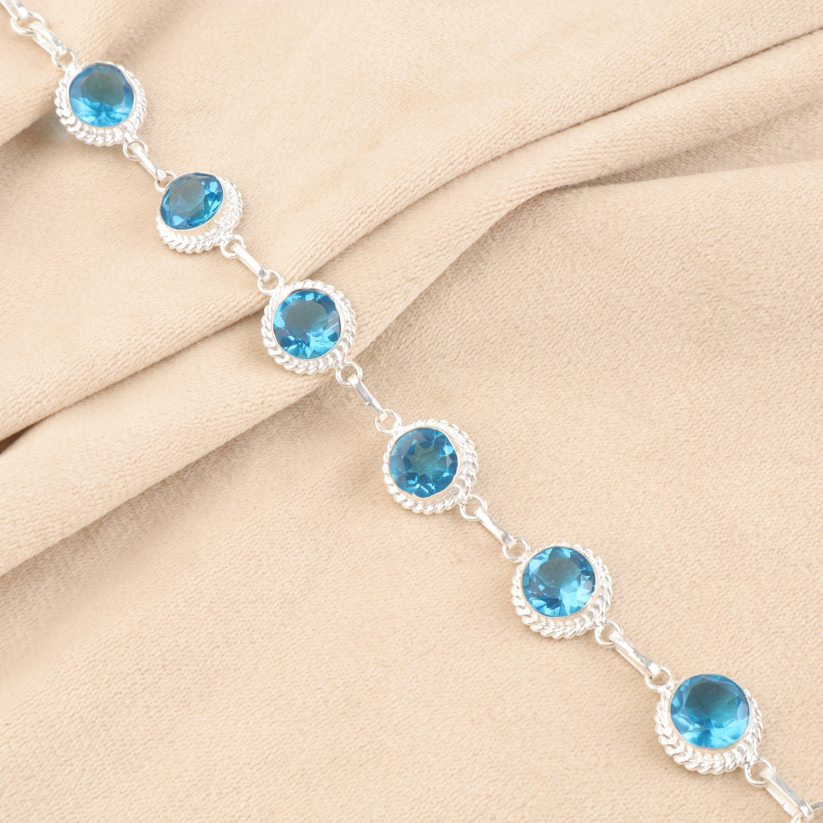 925 Silver Swiss Blue Topaz Gemstone Womens day Artisan Chain Bracelet Jewelry