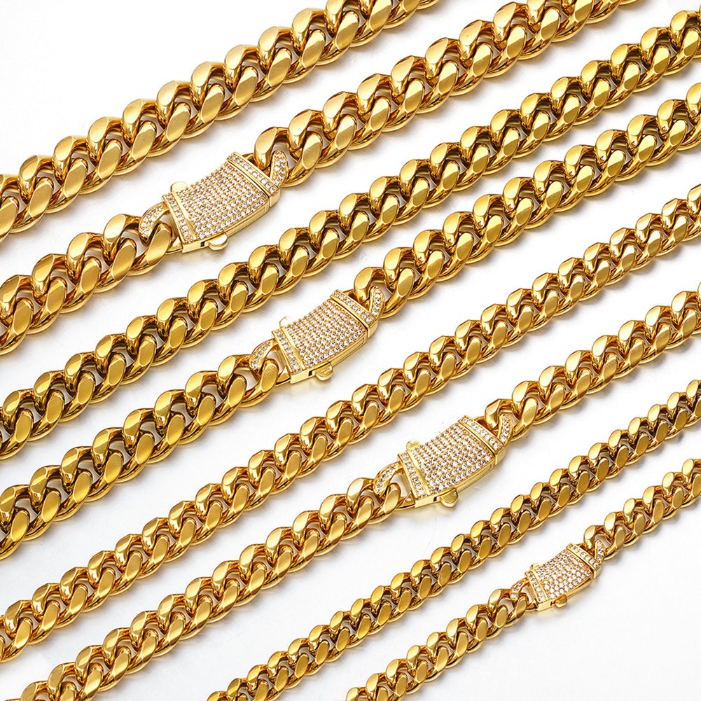 Miami Cuban Link Chain Necklace Bracelet 18k Gold Plated Stainless Steel 8-14mm