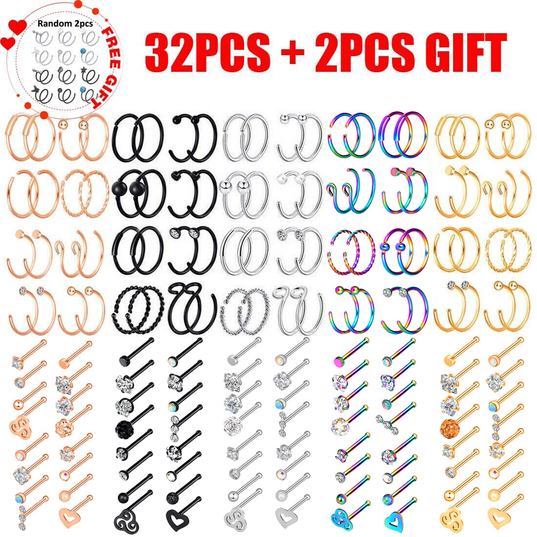 32PCS Nose Hoop Rings Bone Studs Pin 20G Surgical Steel Piercing Jewelry Set USA