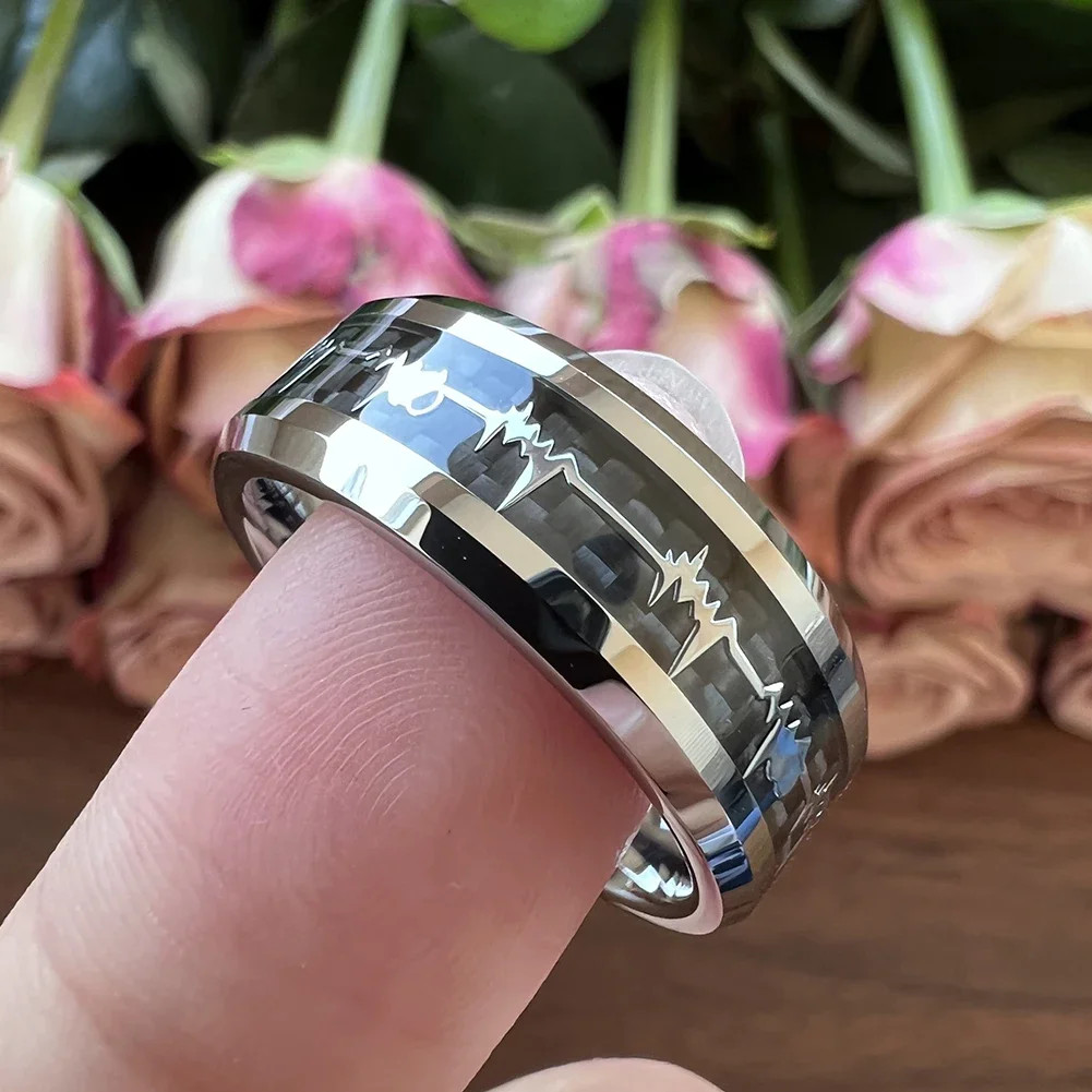 8mm Carbon Fiber Heart Inlay Tungsten Carbide Wedding Band Ring Men Jewelry