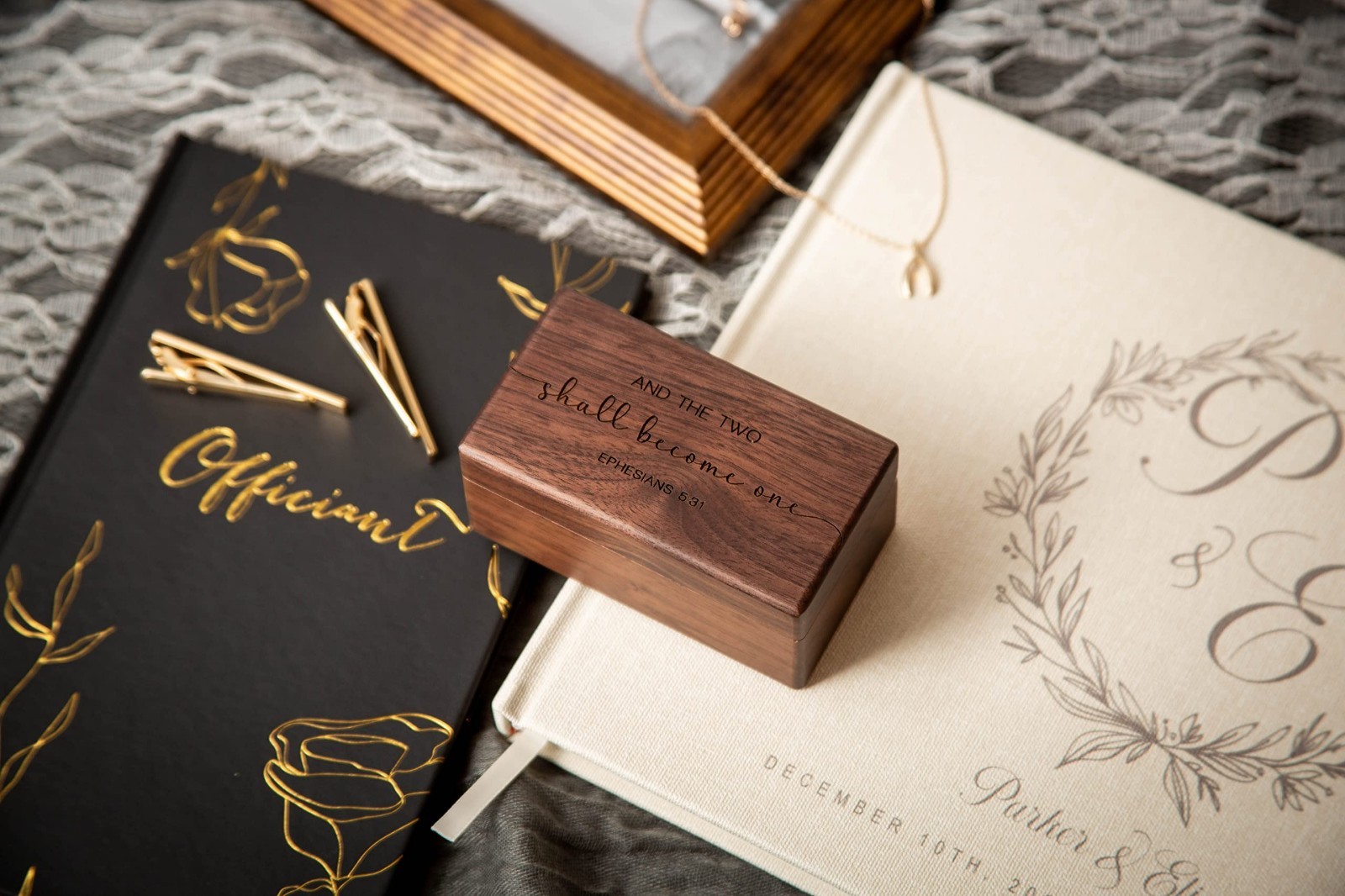 Engraved Wooden Quad Ring Box for Wedding, Anniversary, Birthday & Valentine’s G