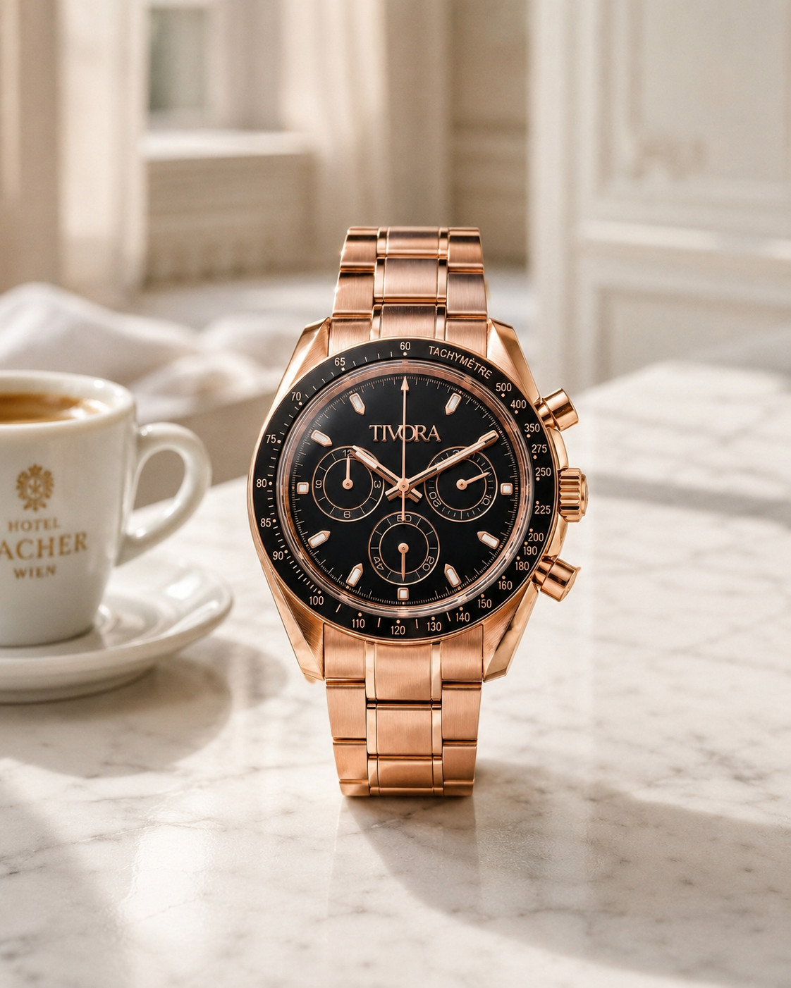 TÍVORÁ Veyron Rose Steel Onyx Dial – Custom Branded Automatic Chronograph Watch