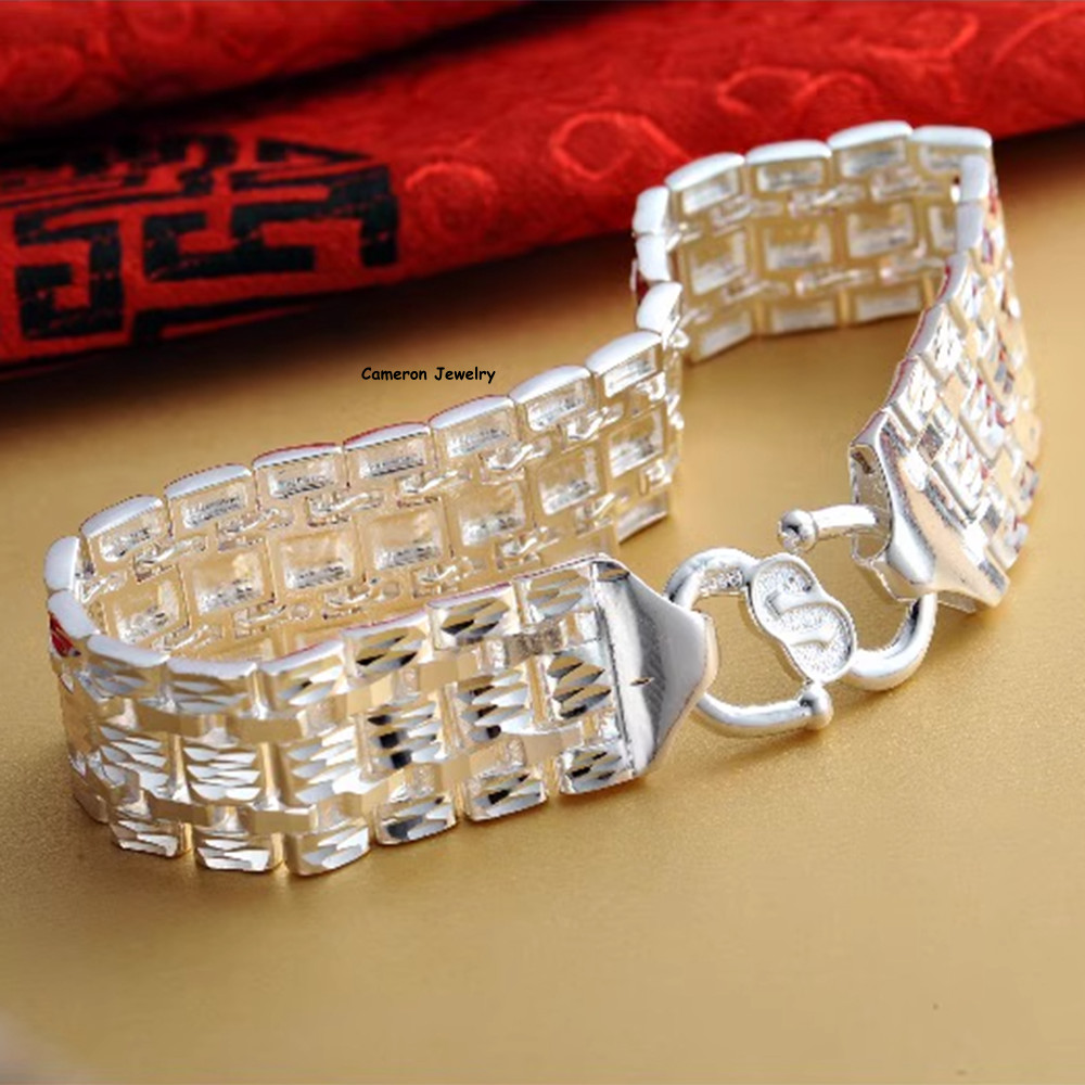Pure S990 Silver Bangle Men 15mm Full Star Square Watch Bracelet 7.1-8.7inch L