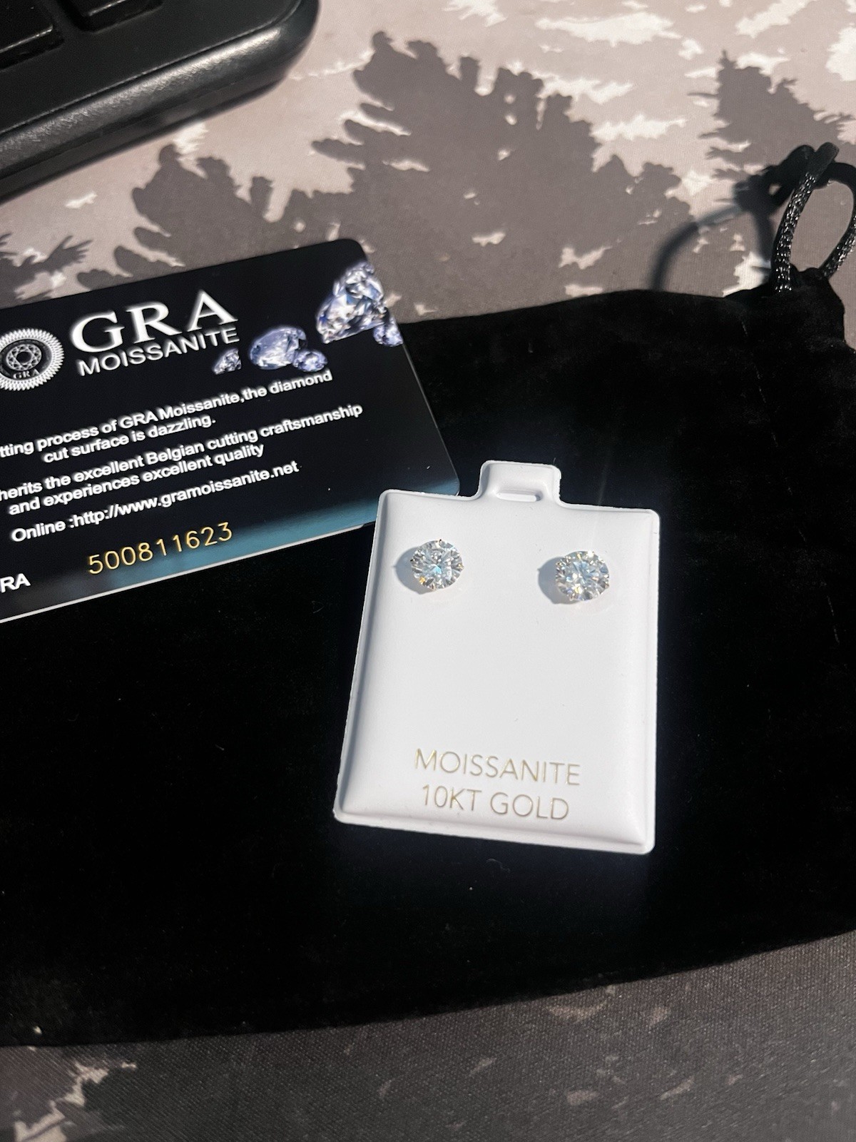GRA moissanite stud earrings 10k yellow gold round 6.5mm 2.00 ctw VVS D