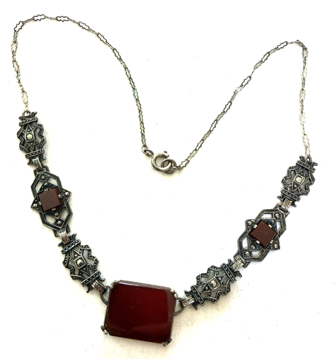 Vintage Art Deco CARNELIAN & Marcasites Sterling Necklace