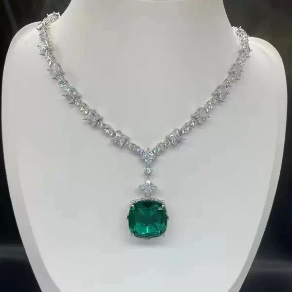 12Ct Cushion Lab Created Emerald Women’s Tennis Necklace 14K White Gold Finish