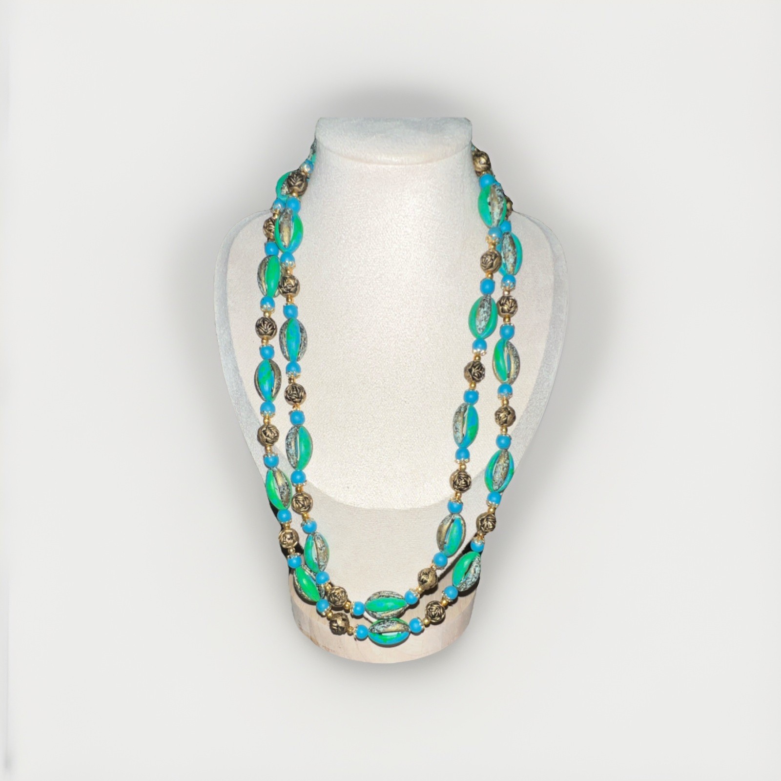 Vintage Beaded Statement Necklace Blue Green Gold Tone Stamped Hong Kong