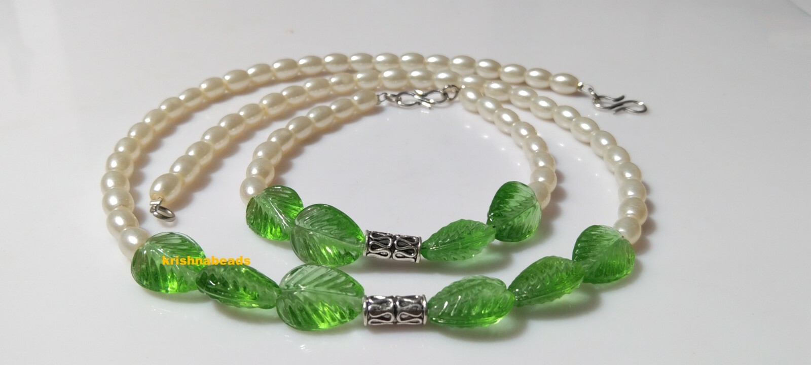 Pearl Beryl &Prehinte Hydro Leaf Carved Pear Necklace& Bracelet 11-14mm 7″-18″