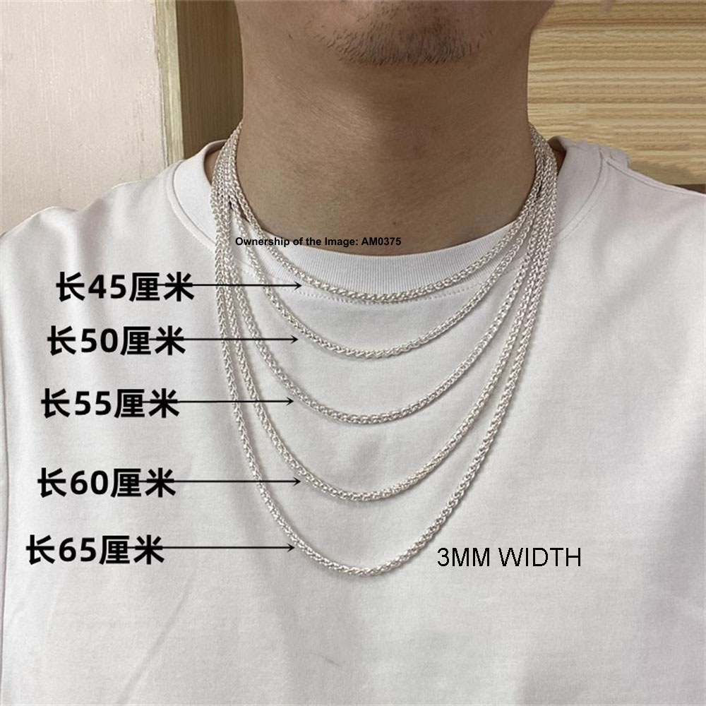 Pure 999 Fine Silver Necklace Men Women 3mm 5mm Wheat Link Chain 17.7-25.6inch
