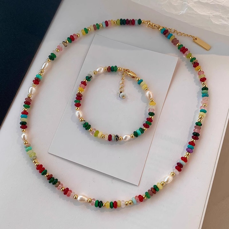 Premium Assorted Gemstone Pearl Rainbow Summer Necklace Bracelet Set for Women