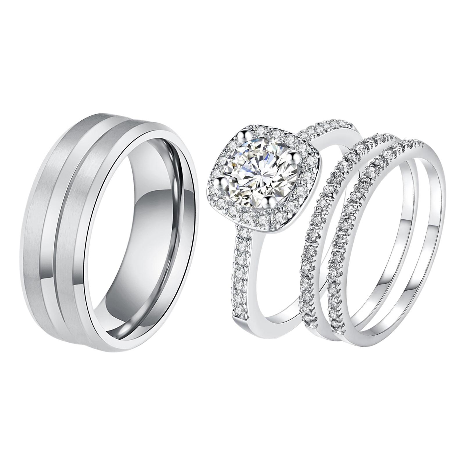 His Hers Simple Vintage CZ Eternity Ring Band Set Couple Matching Promise Rings