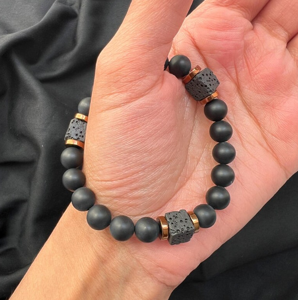 Premium Men’s Matte Black Onyx & Lava Rock Cube Bead Stretch Bracelet Healing