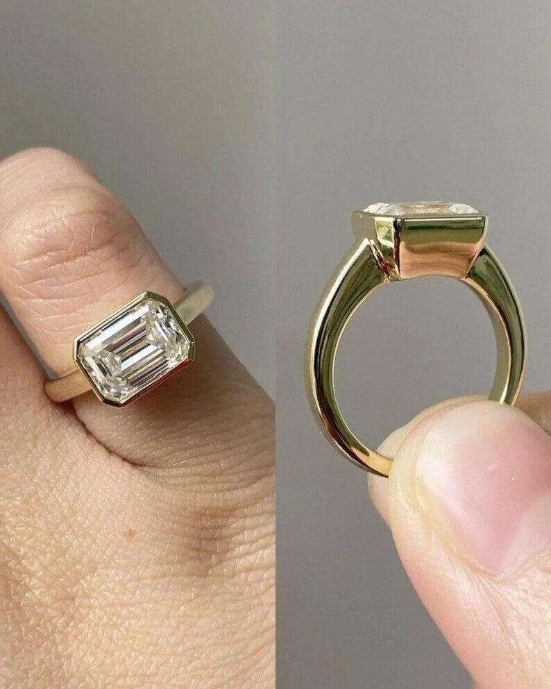 3 Ct Emerald lEast West Moissanite Bezel Engagement 14K Yellow Gold FN Ring