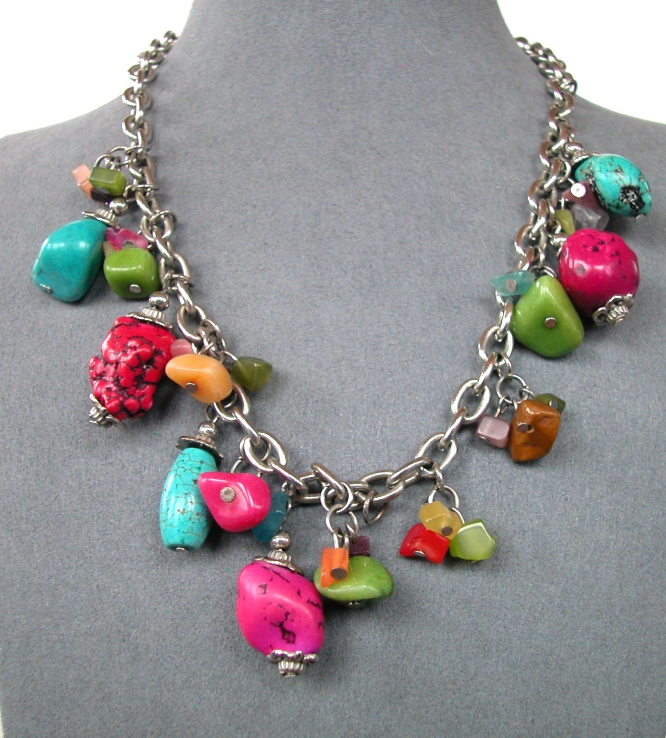 Chunky Multicolor Stone Beaded Silver Chain Necklace 16″ With 2.5″ Extender