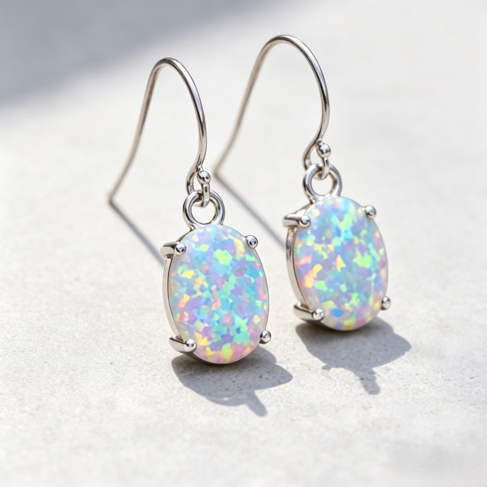White Opal Dangle Earrings – Sterling Silver Plated Oval Fire Opal Drop Earrings