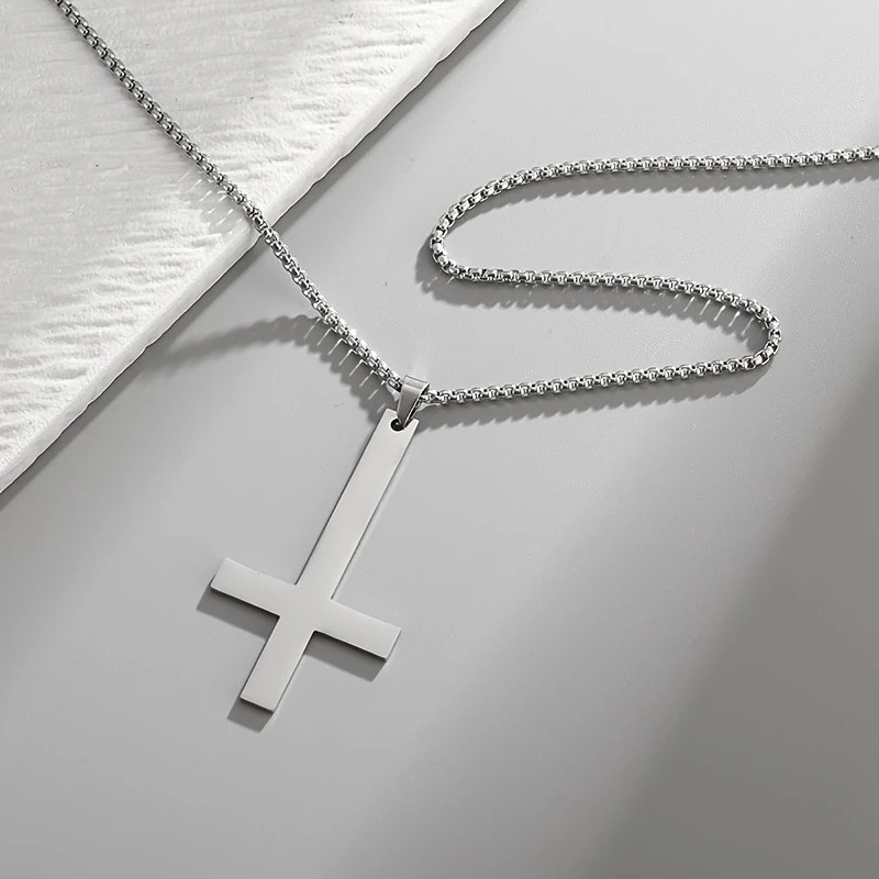 Silver Saint Peter’s Cross Necklace Inverted Stainless Steel Pendant Punk Goth