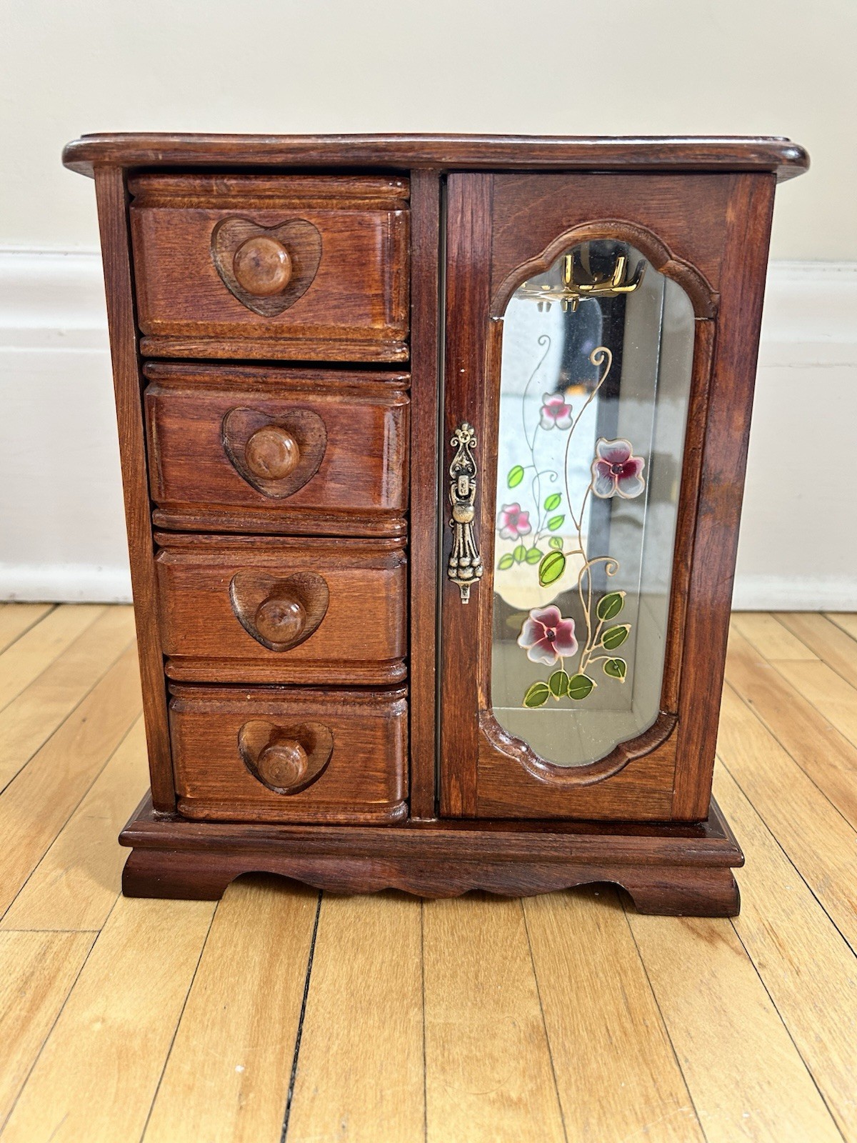 Vtg Wooden Jewelry Box Stained Floral Glass Door Mirrored With 5 Drawers