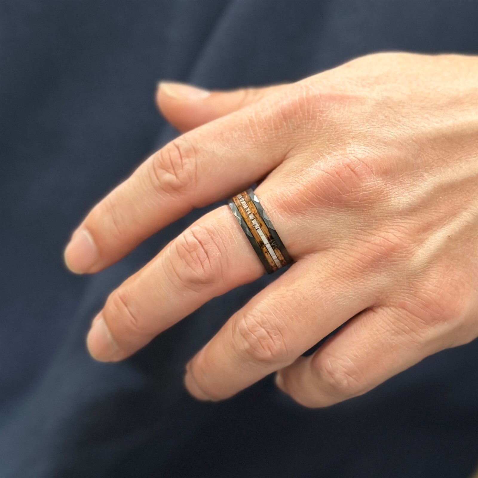Black Tungsten Carbide Mens Ring Deer Antler Charred Whiskey Barrel Wedding Band