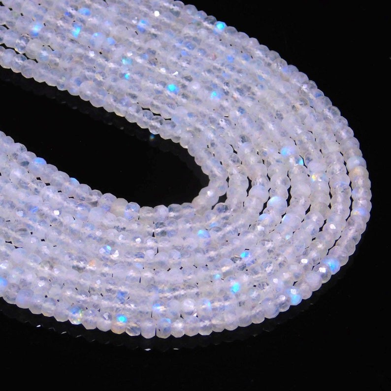 AAA Natural Flashy Rainbow Moonstone Faceted Rondelle Gemstone Beads 12” Strand