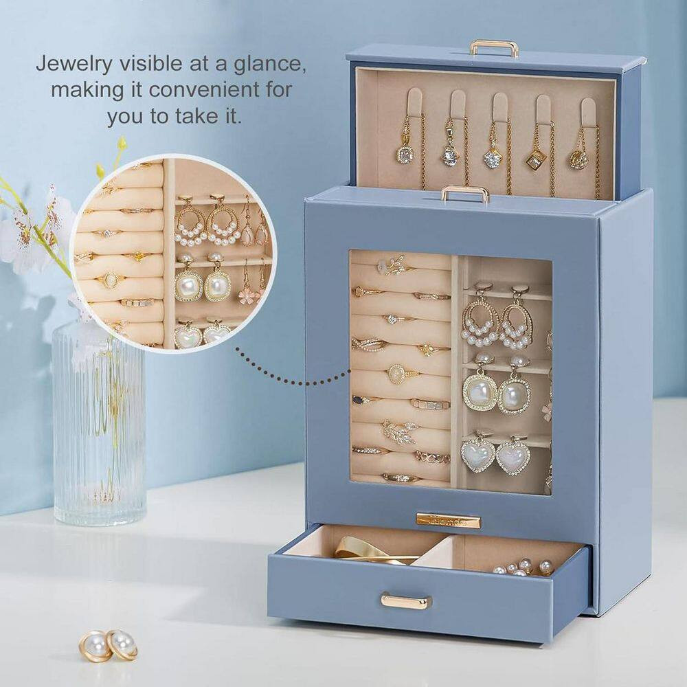 Grey Blue 7 In. X 9 In. Polyurethane Modern Jewelry Box with 3-Drawers