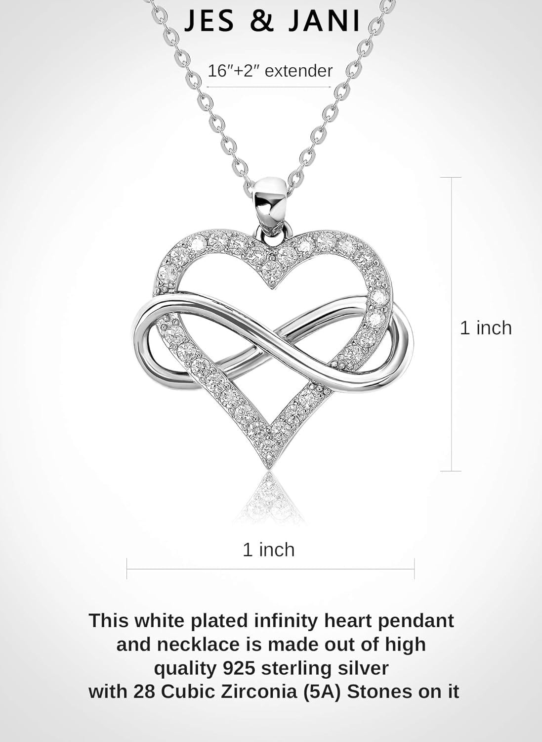 JES & JANI Infinity Heart Necklace for 16″ Chain with 2″ Extender, Silver