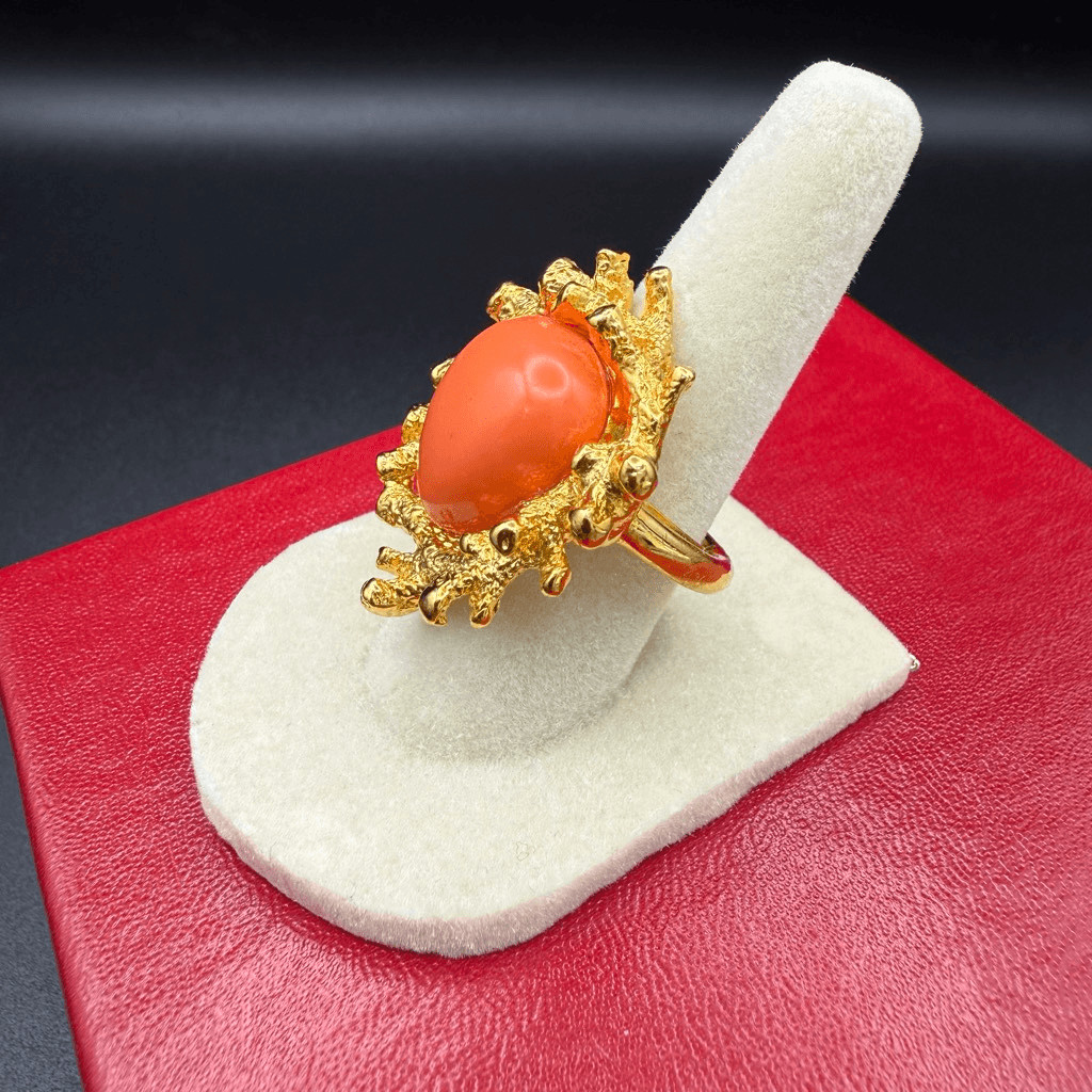 Kenneth Jay Lane coral reef adjustable ring orange gemstone set in gold New sz 6