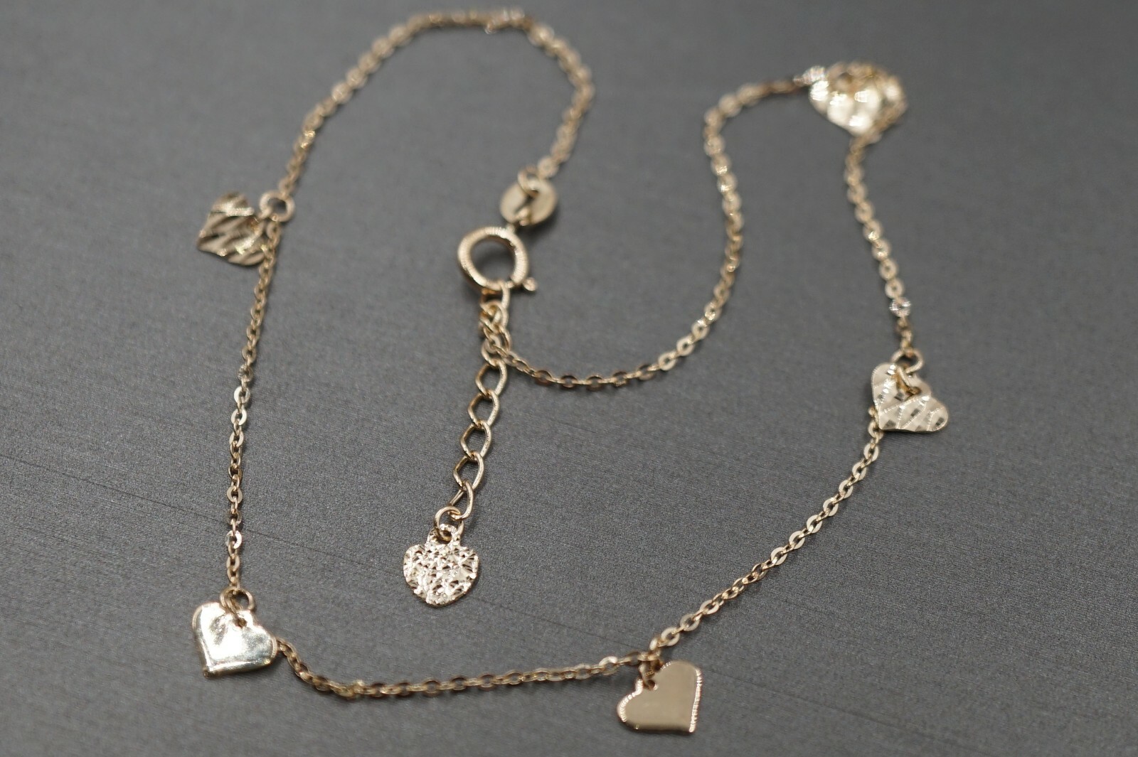 14K Solid Yellow Gold Light Fancy Diamond Cut Heart Charm Ankle Bracelet. 9″+1″