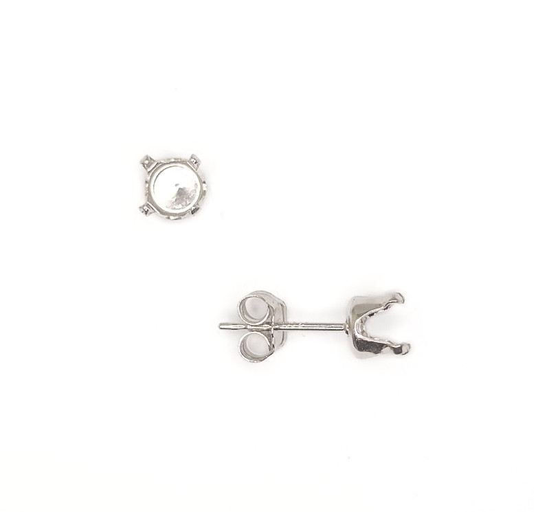 Four Prong Round Snap Set Stud Earring Settings Sterling Silver Rhodium Finish