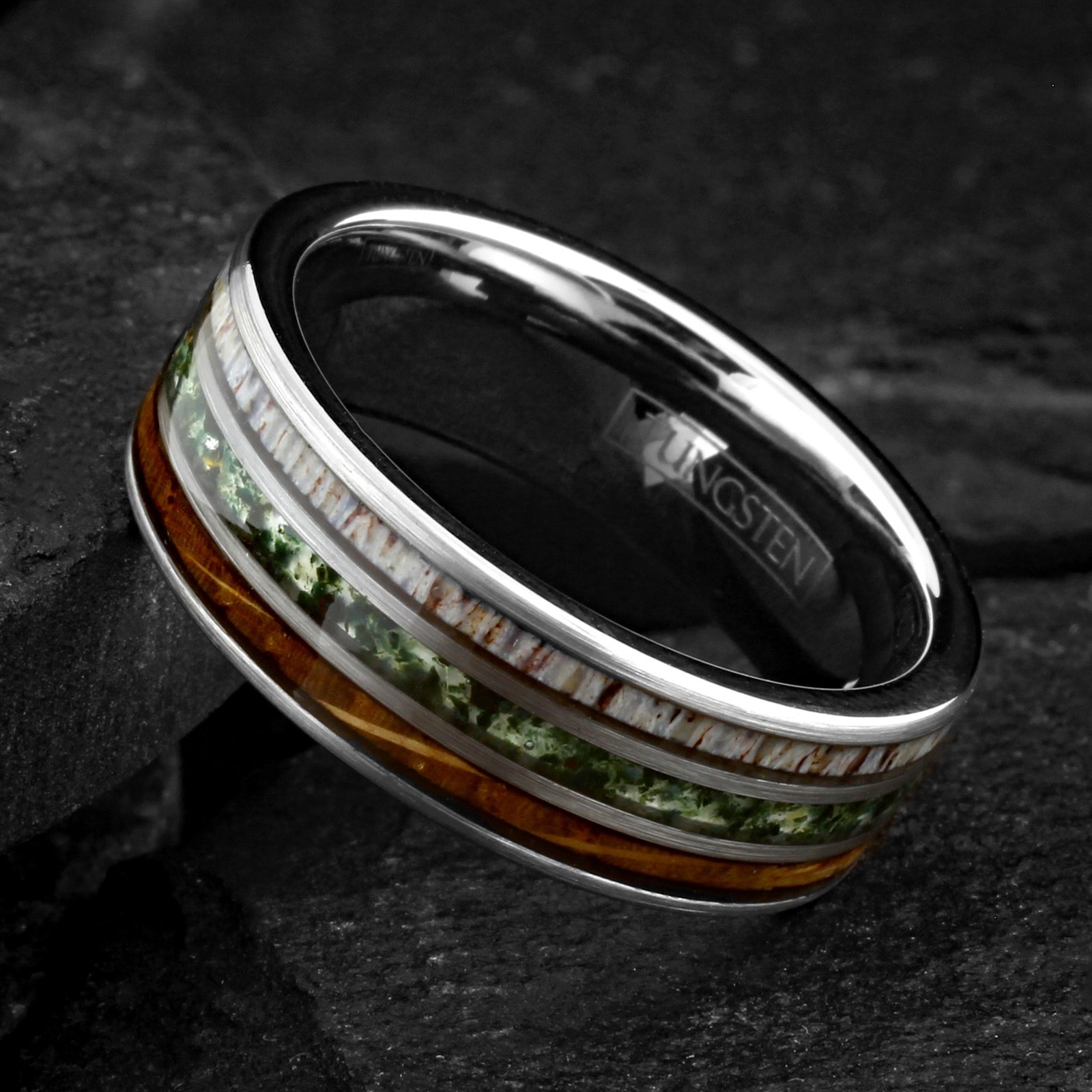 Tungsten Carbide Moss Agate Deer Antler Whiskey Barrel Band Ring