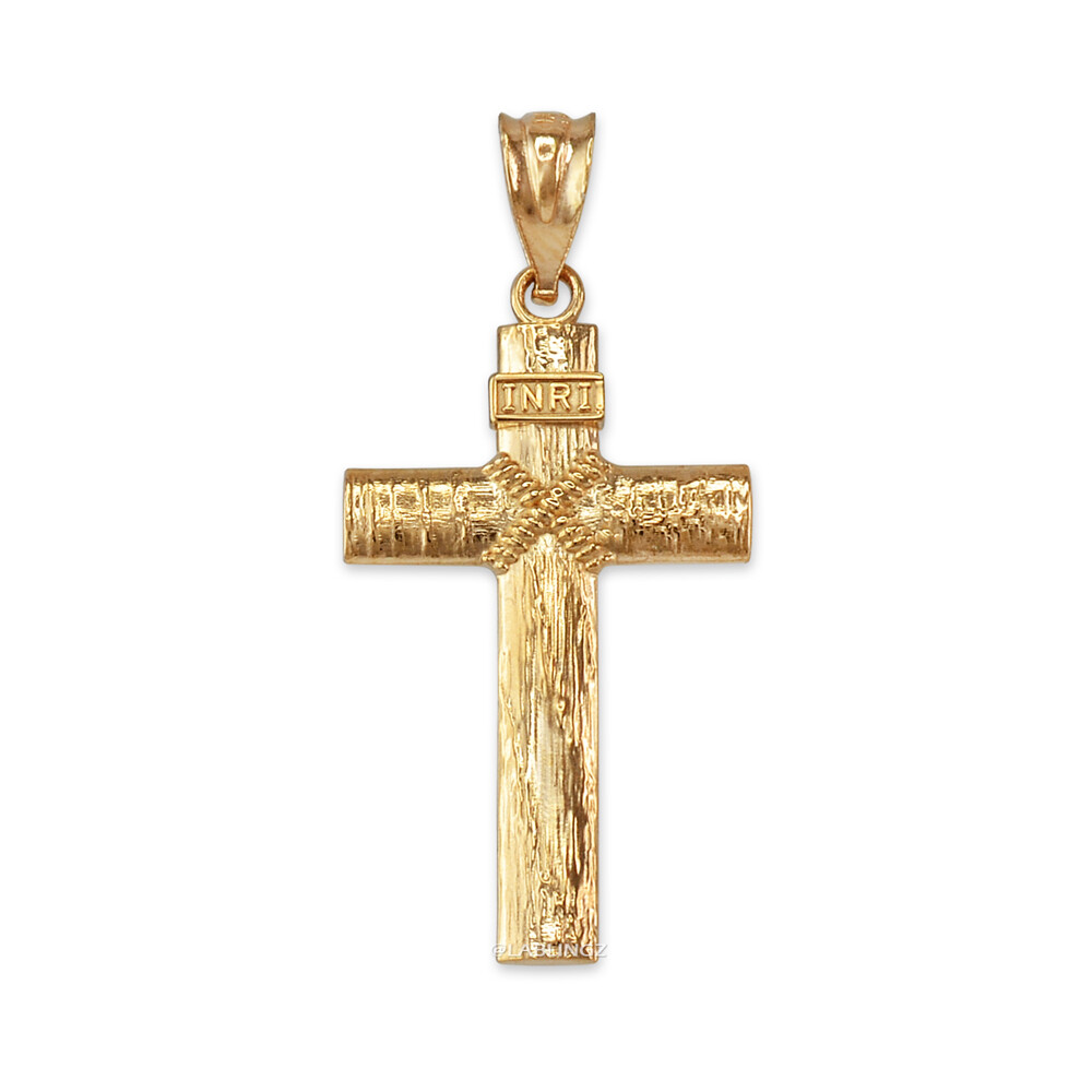 Yellow Gold Woodgrain Cross Pendant Necklace