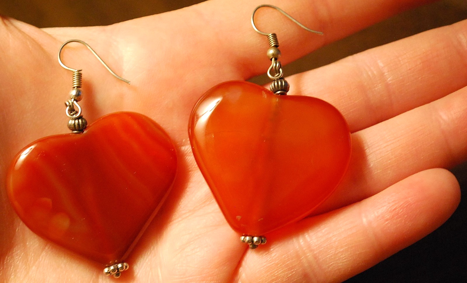 LARGE 2.25″ Hand Carved POLISHED HEARTS Drop Dangle Earrings CARNELIAN GEMSTONE