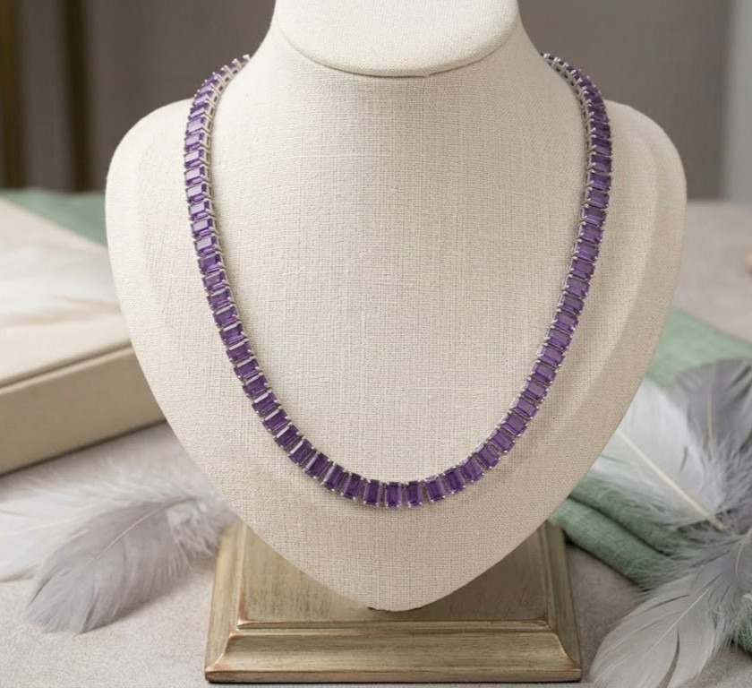 Purple Emerald Cut Tennis Necklace, Amethyst Choker, In 925 Sterling Silver