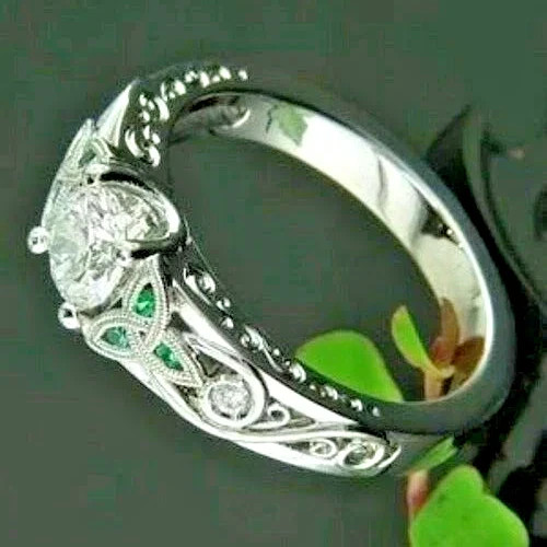 Art Deco Style Round Cut Lab Created Diamond Engagement 14K White Gold FN Ring