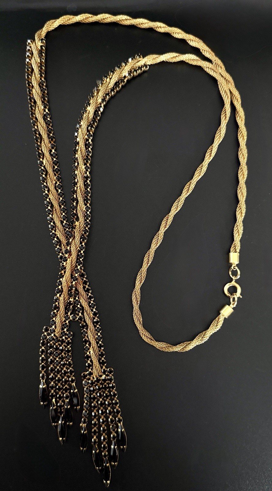 Vtg 50’s 60’s Fixed Lariat Waterfall Necklace Gold Mesh Black Rhinestone Tassel!