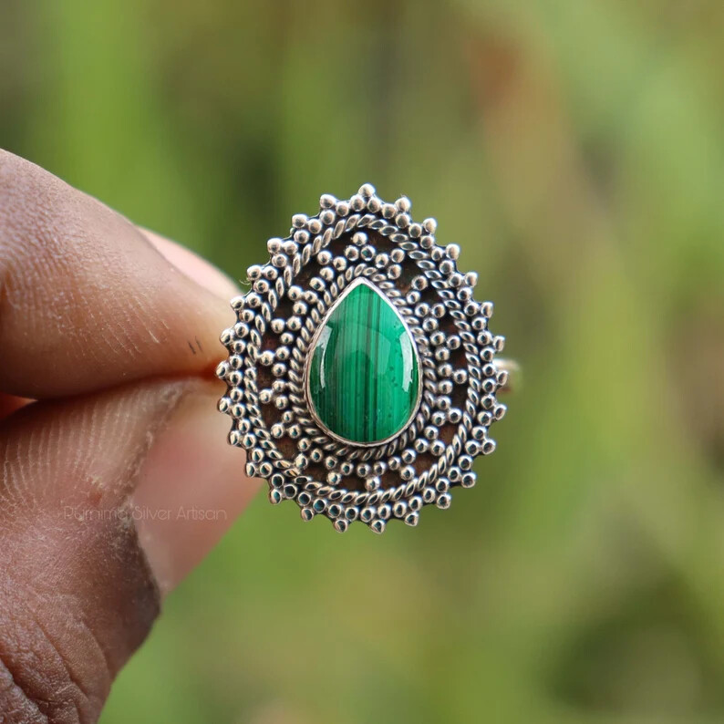 Malachite 925 Sterling Silver Band& Statement Ring Handmade Ring All Size-U-134