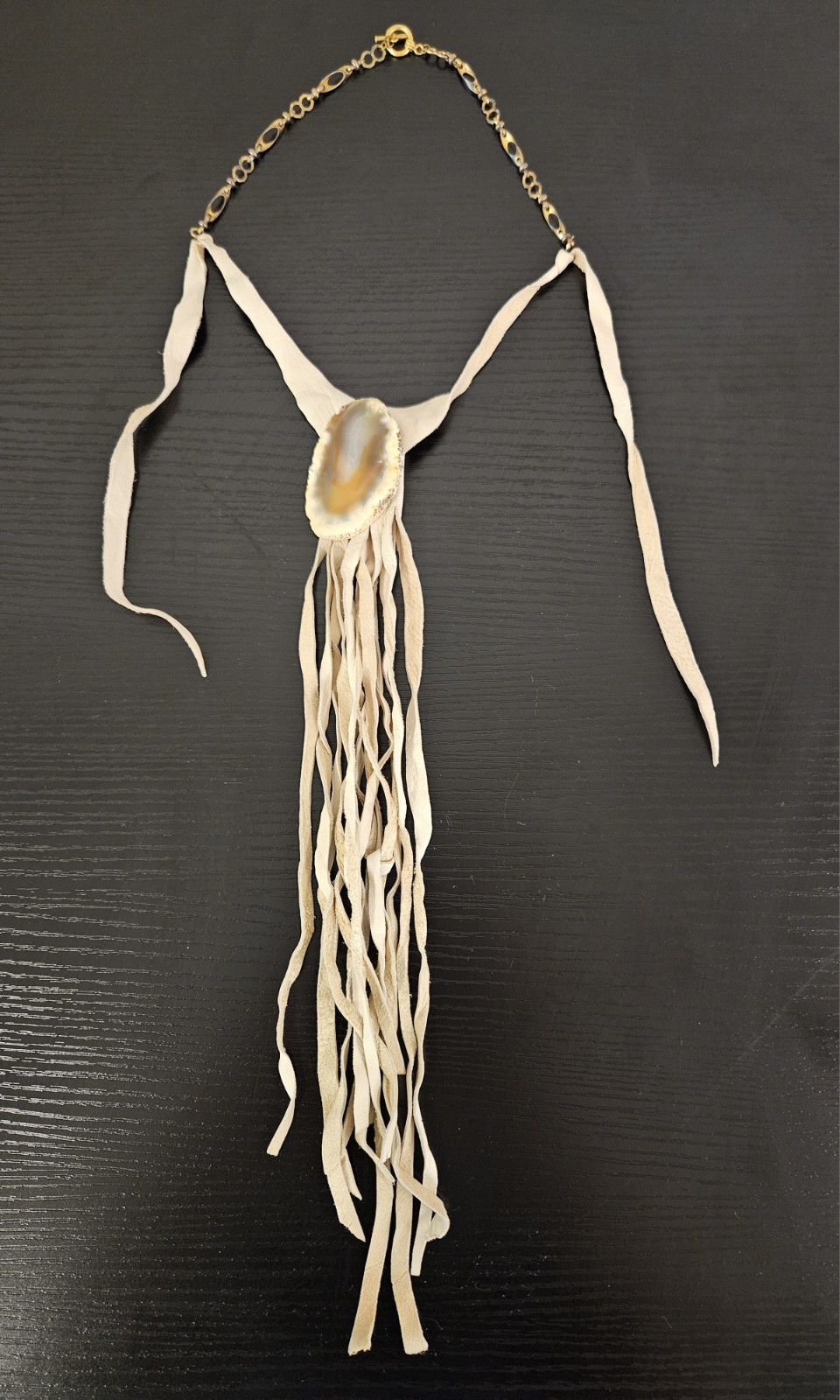 Beige Leather Fringe Necklace w/ Asymmetrical Agate Slice Pendant, Toggle