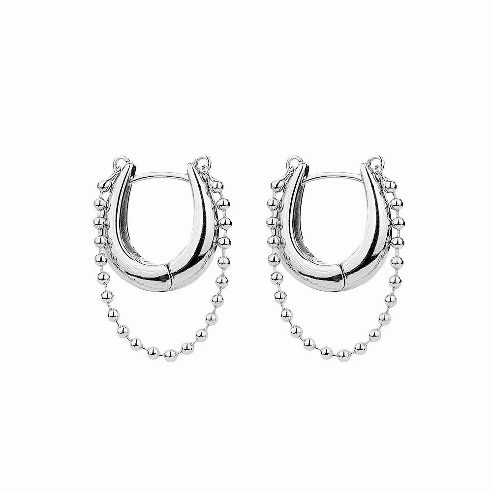 925 Silver Ball Chain Huggie Hoop Earrings Dainty Chunky Chain Drop Hoop D34