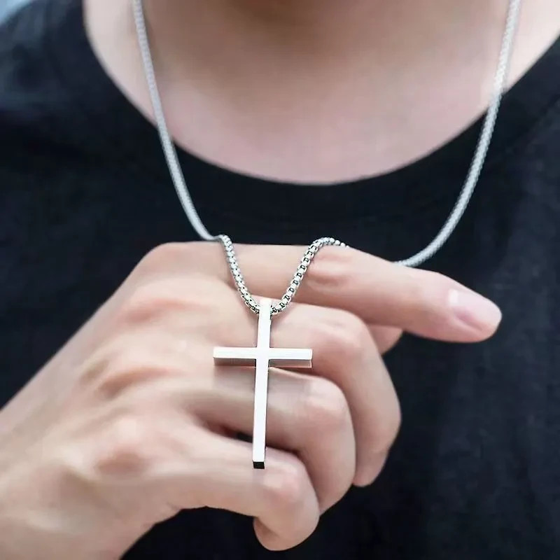 Glossy Titanium Steel Cross Necklace Men Silver Long Chain Pendant Unisex Jewelr