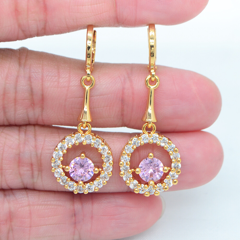 18K Yellow Gold Filled Women Fashion Pink Topaz Round Circle Dangle Earrings