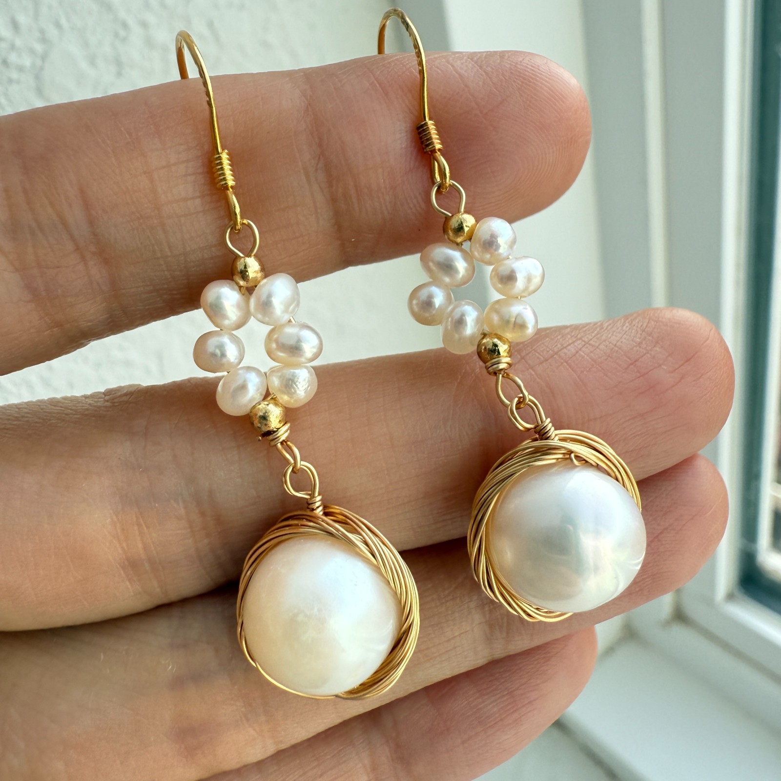Natural Freshwater Pearl Earrings 925 Sterling Sliver Wire Wrapped Handmade Drop