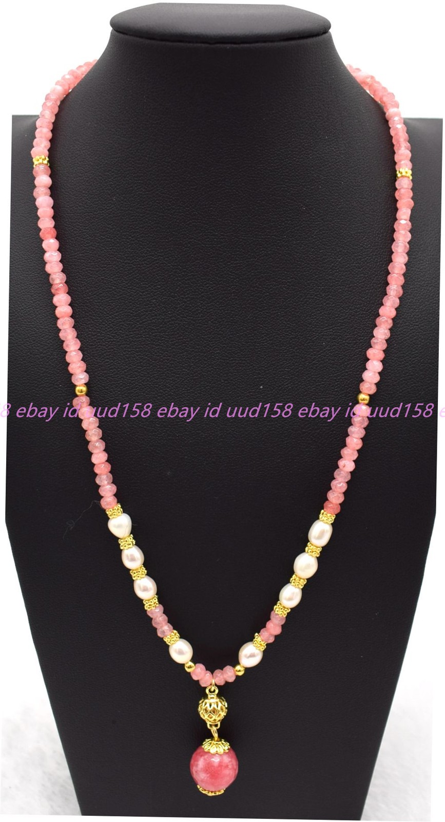 Small Lovely Natural 2x4mm Faceted Pink Jade White Pearl Pendant Necklace16-28in