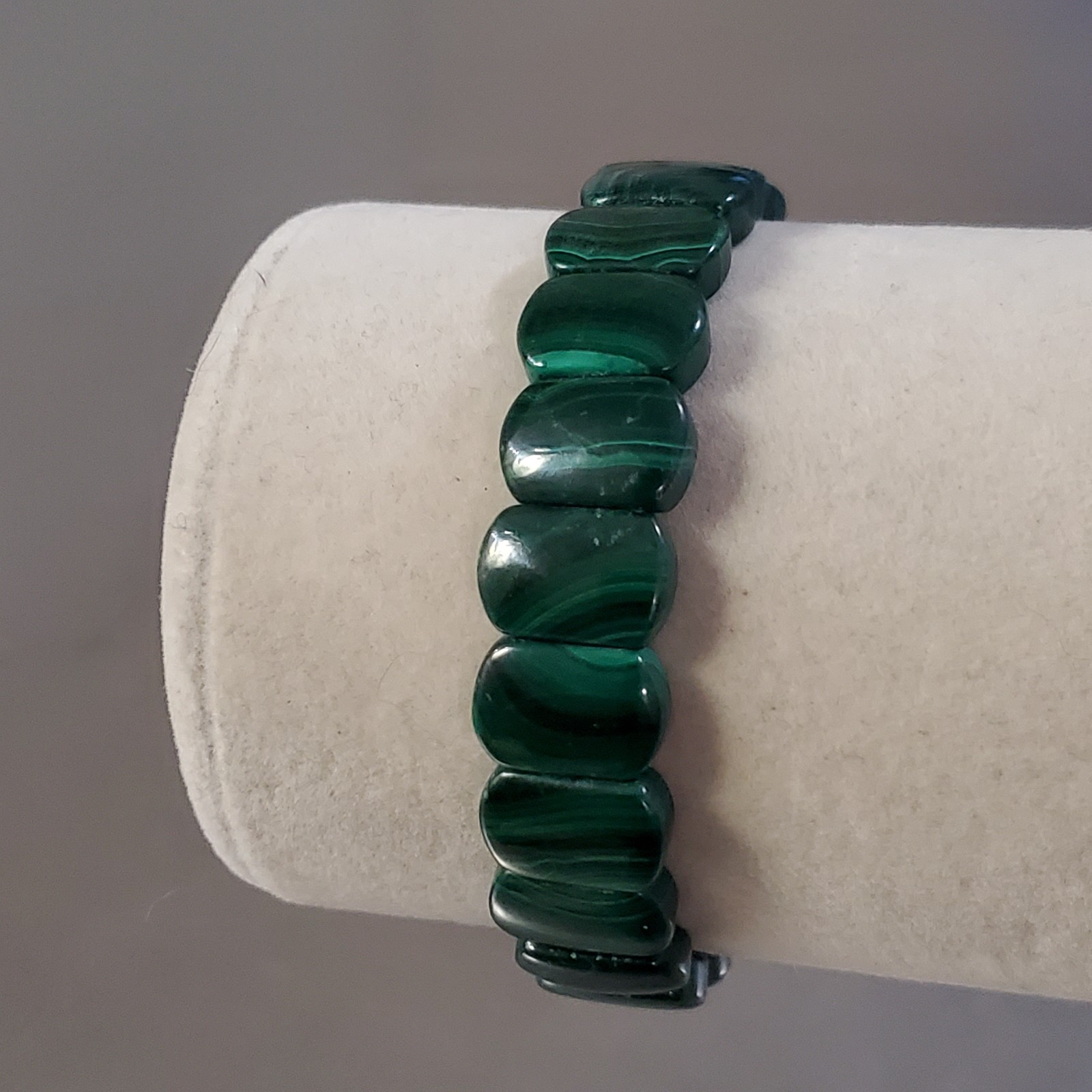 Malachite Bracelet Natural Green Gemstone Rounded Rectangle Bead Stretch 6.5 in