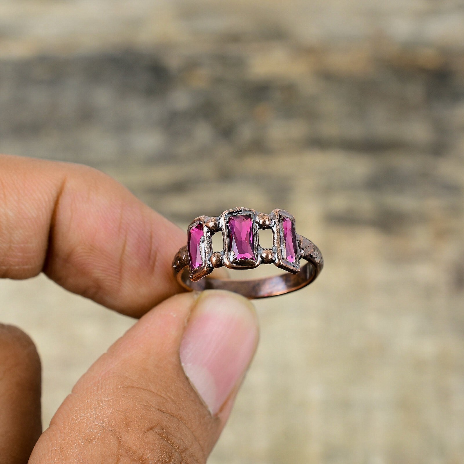 Pink Tourmaline Copper Electroformed Stackable Adjustable Ring Size Adjustable