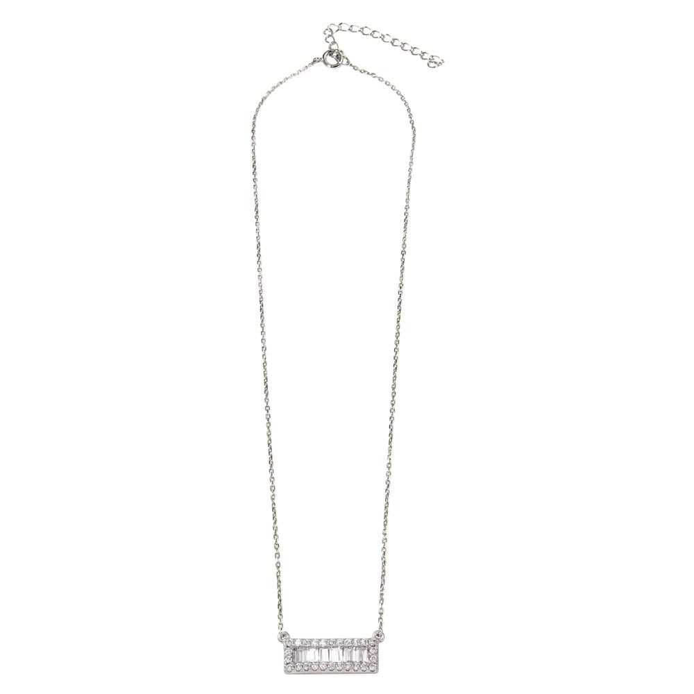 Sterling Silver Necklace w/ Round & Baguette Cut CZ Stones Rectangle Bar Pendant