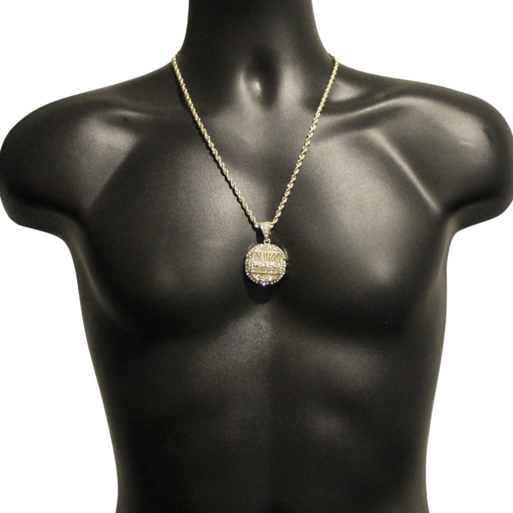 Round Iced Medium Last Supper CZ Pendant 14k Gold Plated 24″ Rope Chain Necklace