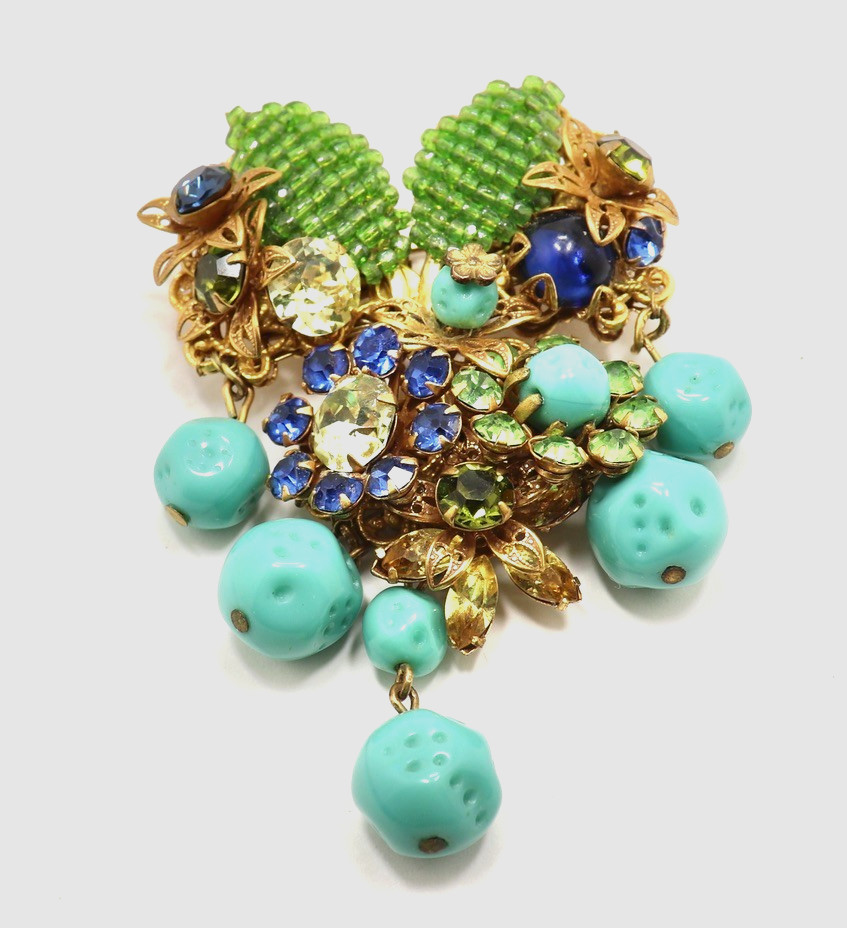 VINTAGE AMOURELLE FRANK HESS FLORAL BEADED DANGLING BROOCH